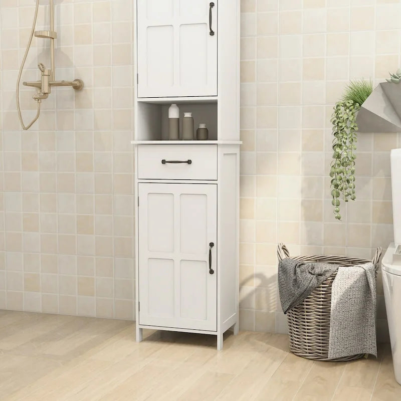 Meuble de rangement haut de salle de bain, armoire étroite à double porte, meuble sur pied fin