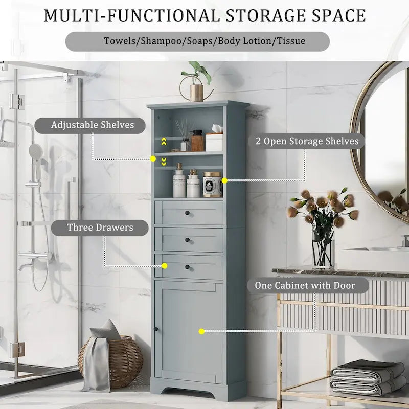 Armoire de rangement haute de 173 cm avec 3 tiroirs et étagères réglables pour salle de bain, cuisine et salon