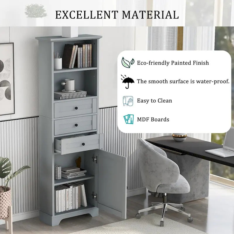 Armoire de rangement haute de 173 cm avec 3 tiroirs et étagères réglables pour salle de bain, cuisine et salon