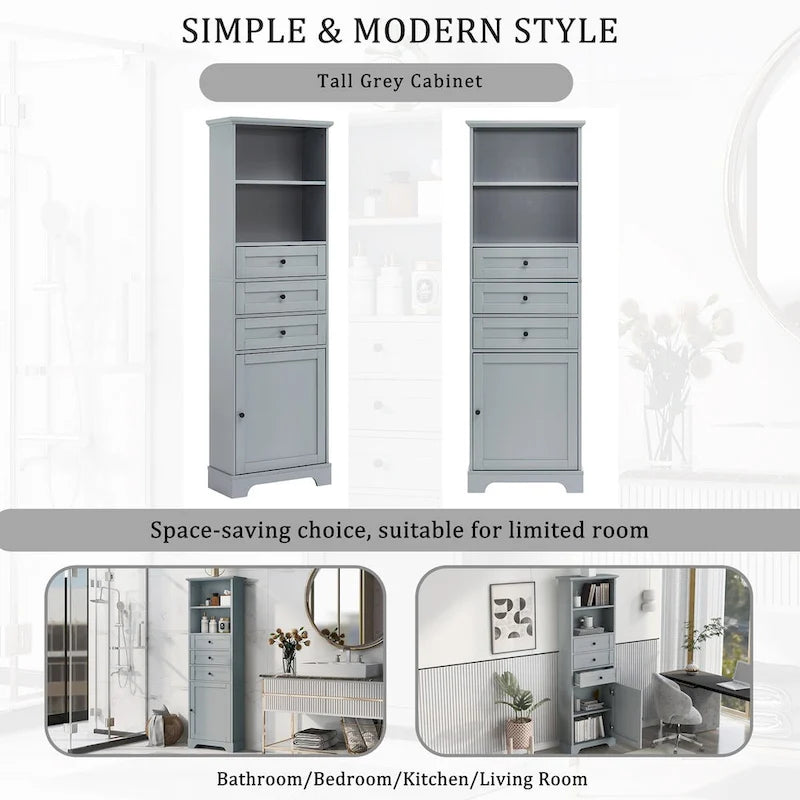 Armoire de rangement haute de 173 cm avec 3 tiroirs et étagères réglables pour salle de bain, cuisine et salon
