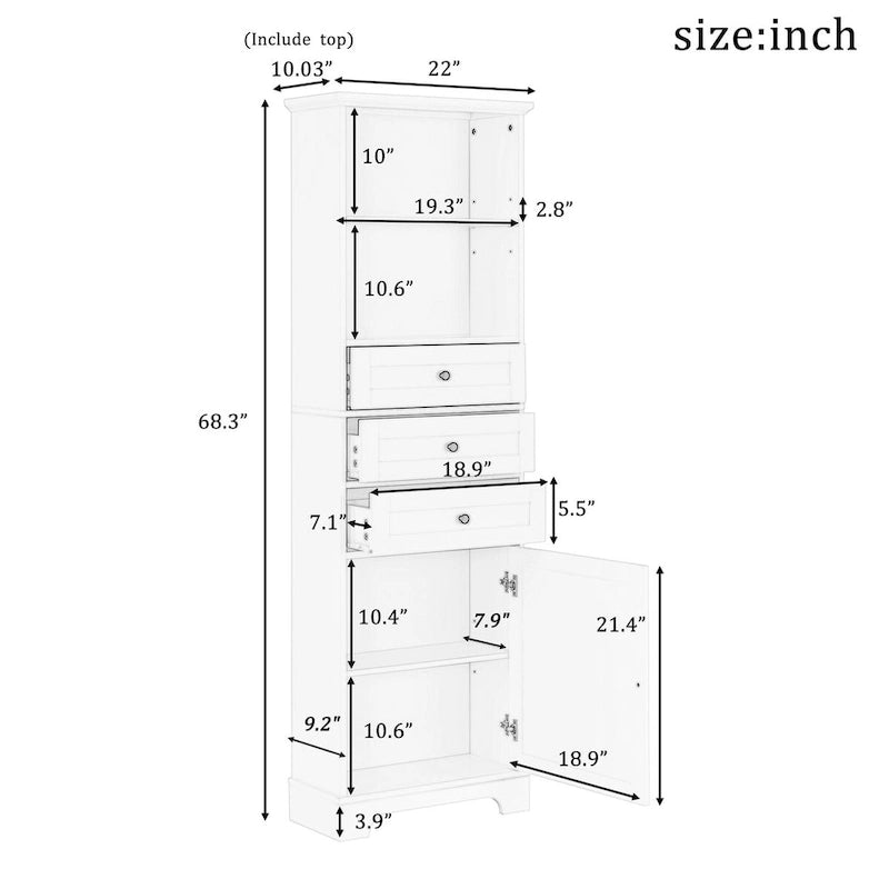 Armoire de rangement haute de 173 cm avec 3 tiroirs et étagères réglables pour salle de bain, cuisine et salon