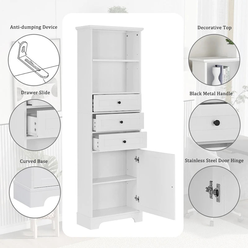 Armoire de rangement haute de 173 cm avec 3 tiroirs et étagères réglables pour salle de bain, cuisine et salon