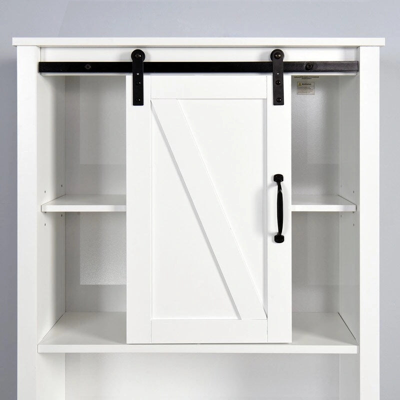 Meuble de rangement WC avec étagères réglables et porte coulissante style grange