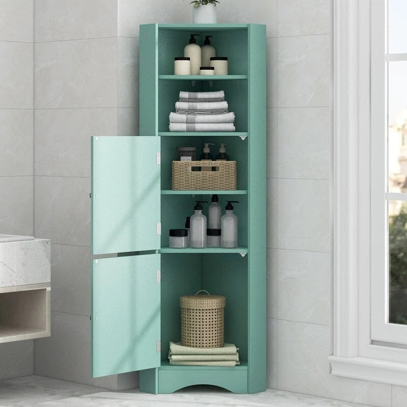 Meuble d'angle de salle de bain haut et autoportant avec portes et étagères réglables