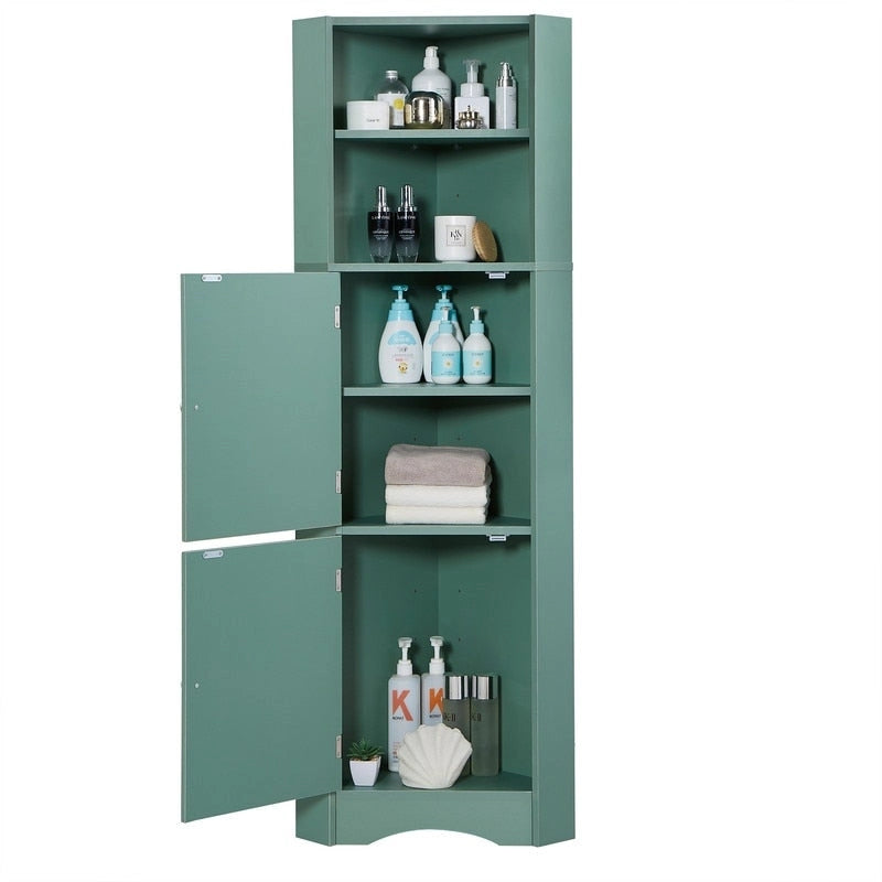 Meuble d'angle de salle de bain haut et autoportant avec portes et étagères réglables