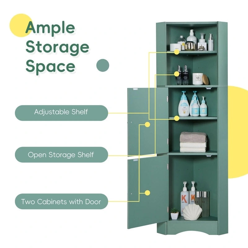 Meuble d'angle de salle de bain haut et autoportant avec portes et étagères réglables