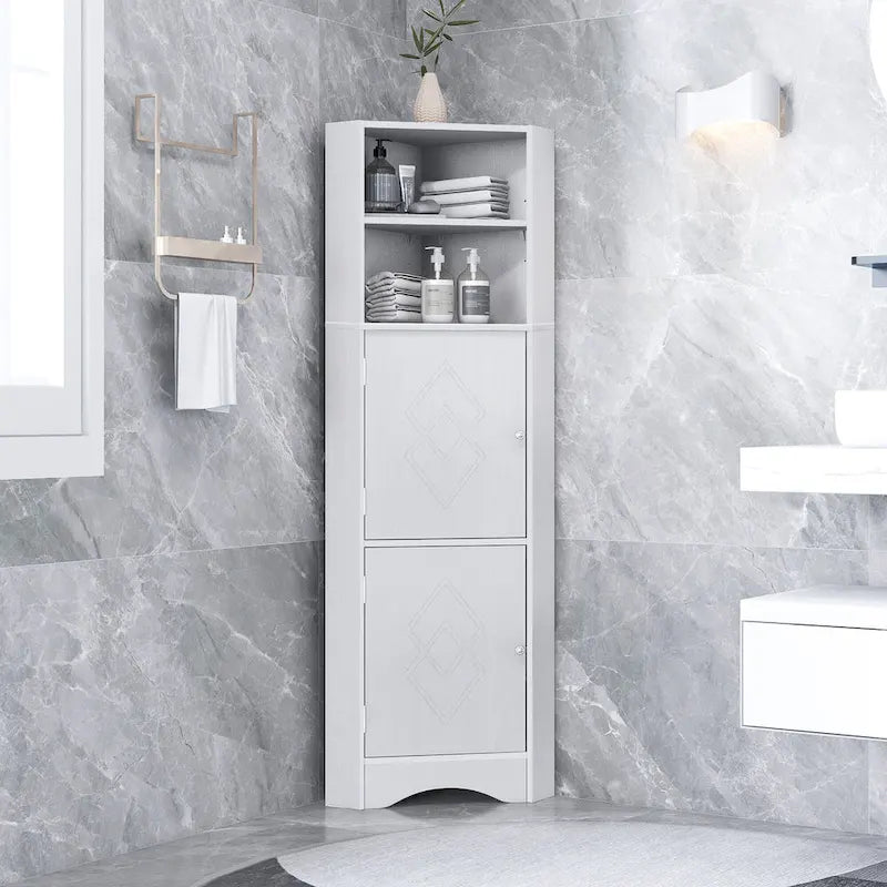 Meuble d'angle de salle de bain haut et autoportant avec portes et étagères réglables