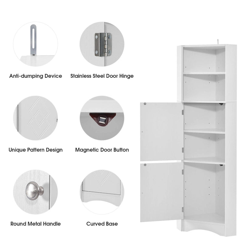 Meuble d'angle de salle de bain haut et autoportant avec portes et étagères réglables