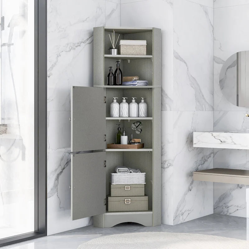 Meuble d'angle de salle de bain haut et autoportant avec portes et étagères réglables