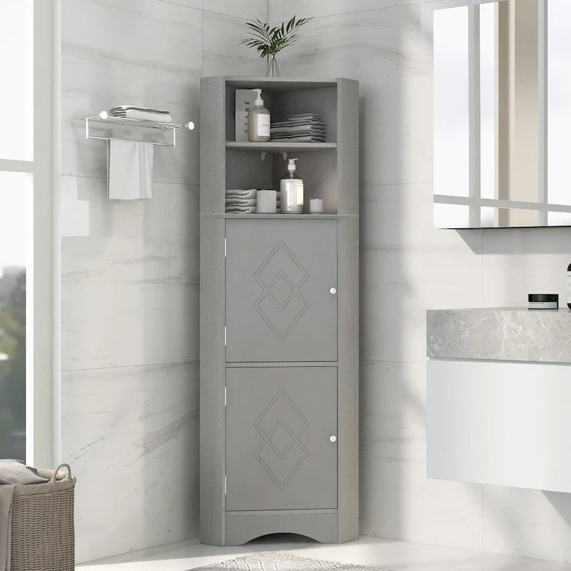 Meuble d'angle de salle de bain haut et autoportant avec portes et étagères réglables
