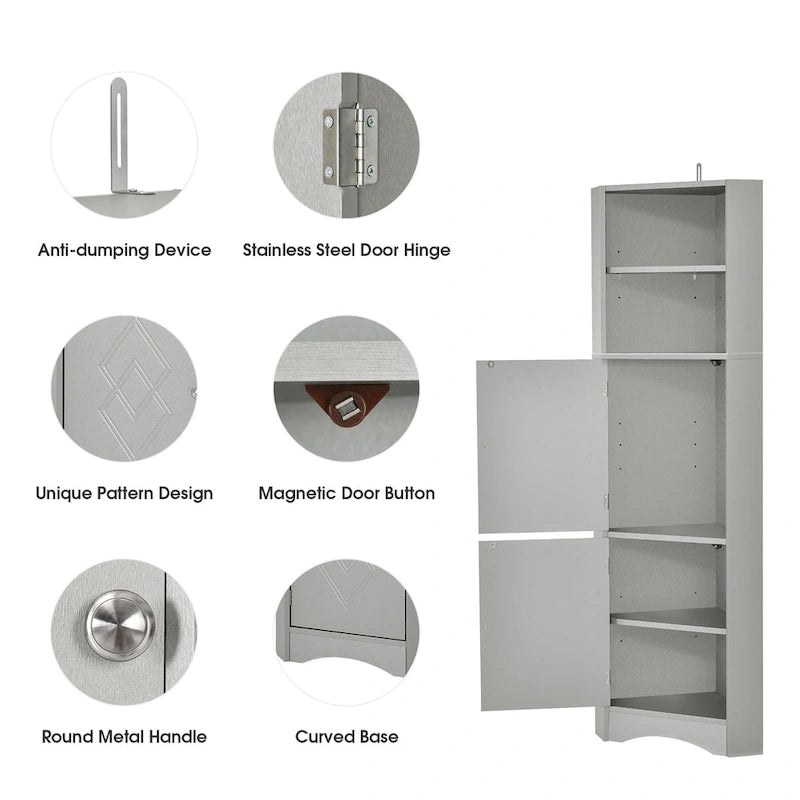 Meuble d'angle de salle de bain haut et autoportant avec portes et étagères réglables