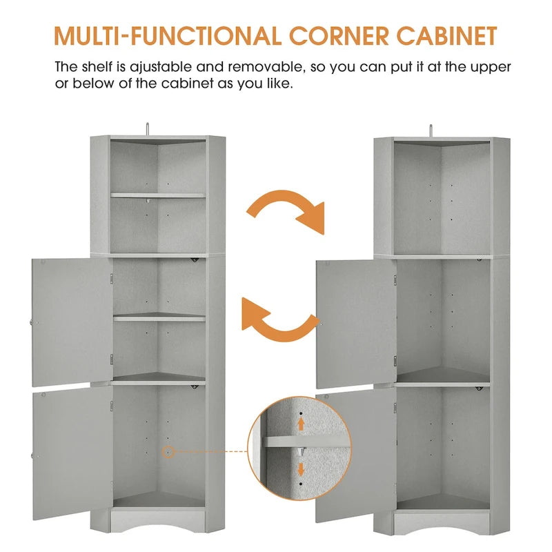 Meuble d'angle de salle de bain haut et autoportant avec portes et étagères réglables