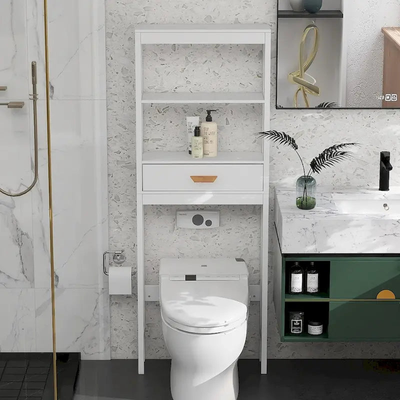 Meuble de rangement WC blanc avec un tiroir et 2 étagères – Étagère de salle de bain peu encombrante