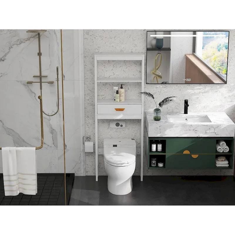 Meuble de rangement WC blanc avec un tiroir et 2 étagères – Étagère de salle de bain peu encombrante