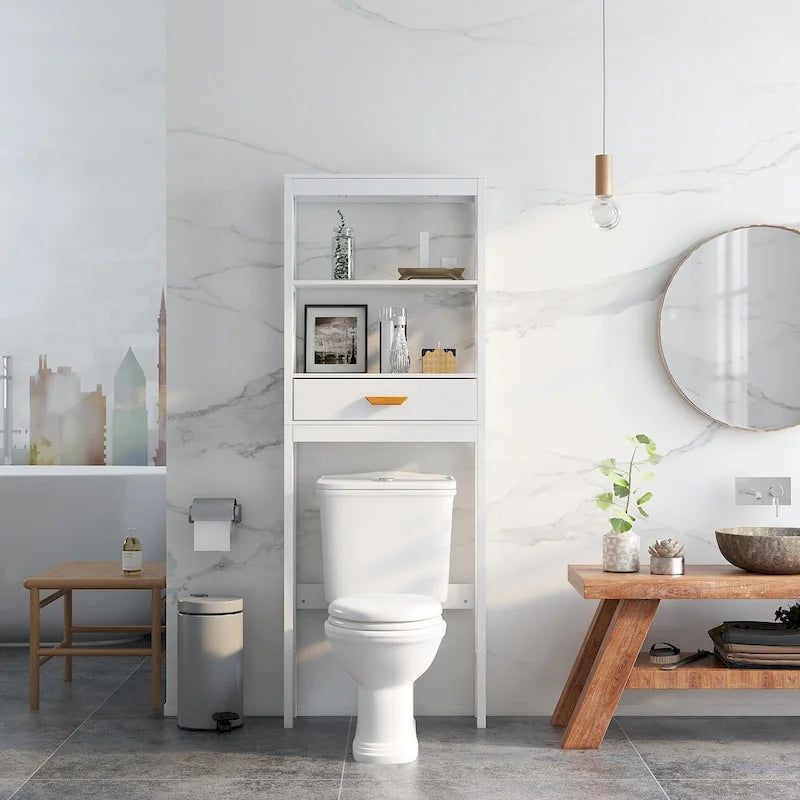 Meuble de rangement WC blanc avec un tiroir et 2 étagères – Étagère de salle de bain peu encombrante
