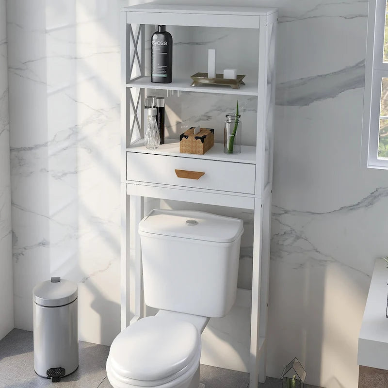Meuble de rangement WC blanc avec un tiroir et 2 étagères – Étagère de salle de bain peu encombrante