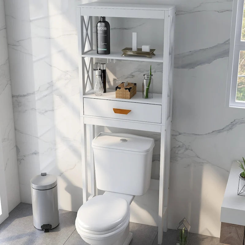 Meuble de rangement WC blanc avec un tiroir et 2 étagères – Étagère de salle de bain peu encombrante