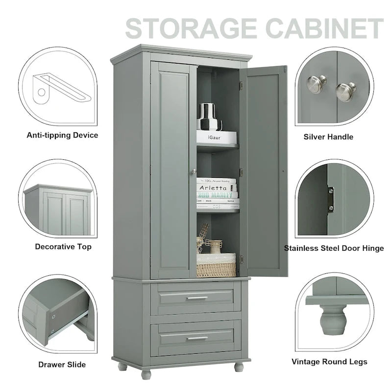 Meuble de rangement haut avec deux tiroirs pour salle de bain/bureau, gris
