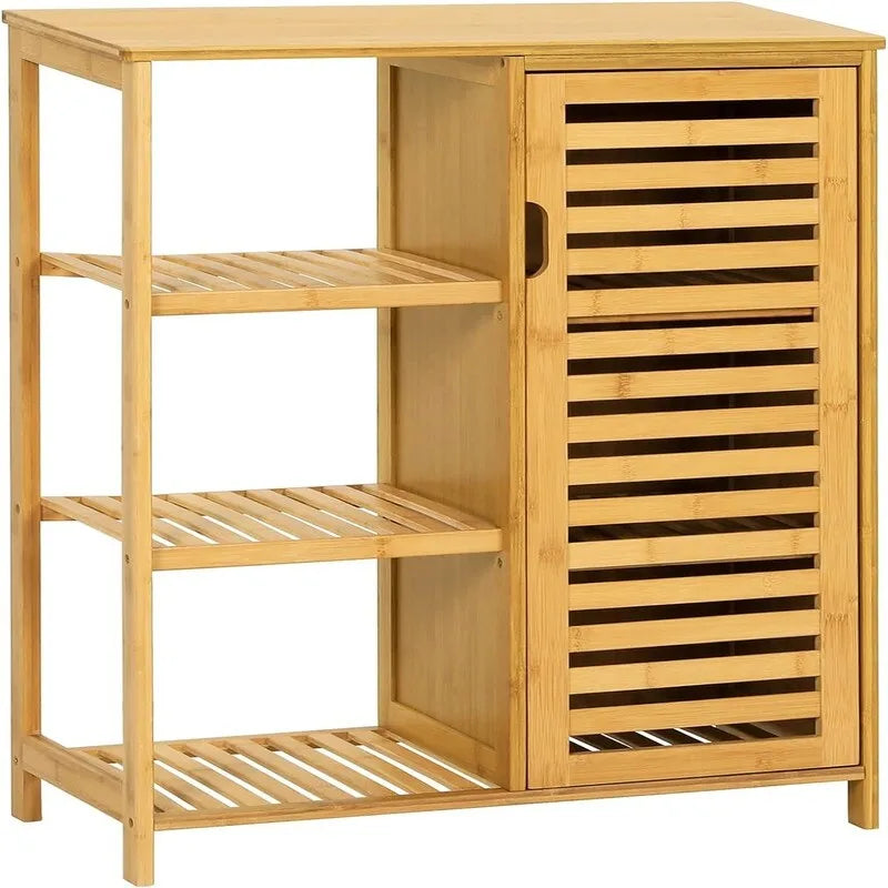 Meuble de salle de bain en bambou avec portes et 3 étagères latérales – 16 cm (P) x 36,5 cm (L) x 91,4 cm (H)