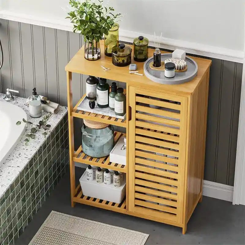 Meuble de salle de bain en bambou avec portes et 3 étagères latérales – 16 cm (P) x 36,5 cm (L) x 91,4 cm (H)