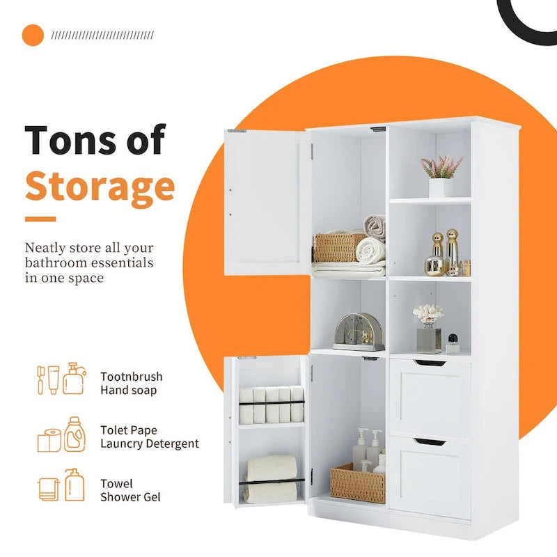 Meuble de rangement de salle de bain avec portes et tiroirs, multiples espaces de rangement, style autoportant, étagère ouverte, étagère réglable, blanc