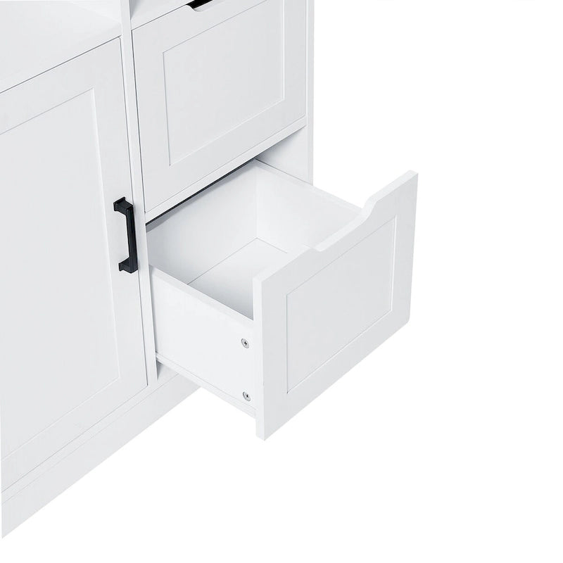 Meuble de rangement de salle de bain avec portes et tiroirs, multiples espaces de rangement, style autoportant, étagère ouverte, étagère réglable, blanc