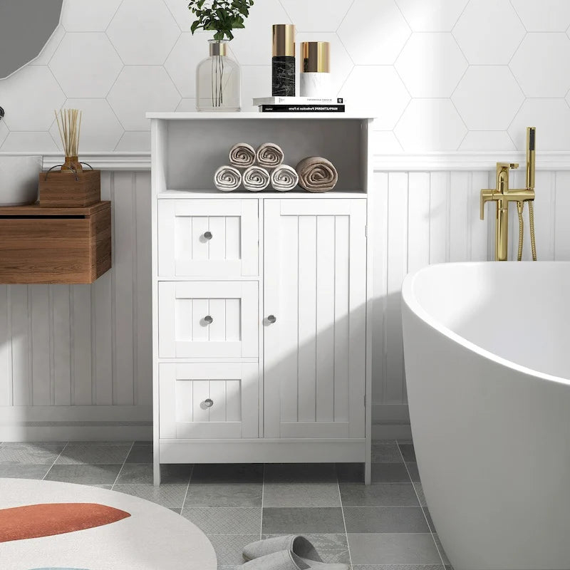 Meuble de rangement de salle de bain sur pied avec 3 tiroirs et 1 porte