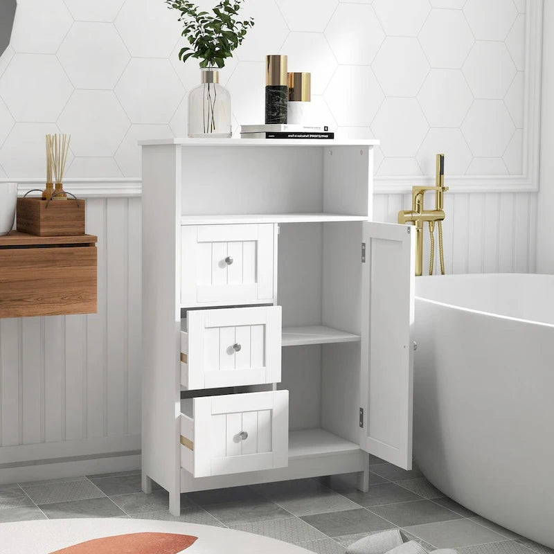 Meuble de rangement de salle de bain sur pied avec 3 tiroirs et 1 porte
