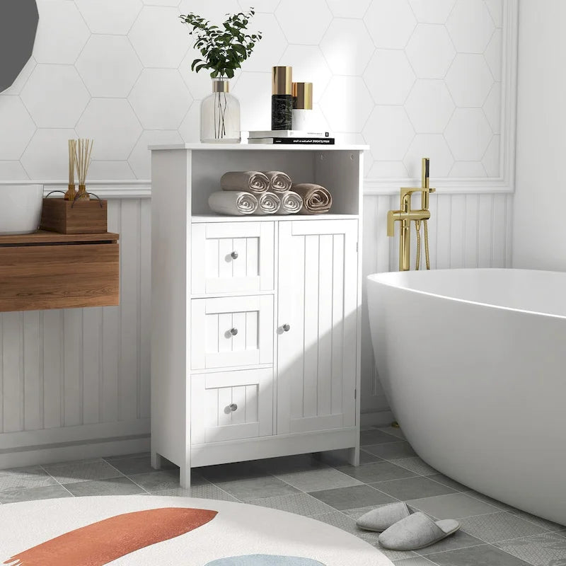 Meuble de rangement de salle de bain sur pied avec 3 tiroirs et 1 porte