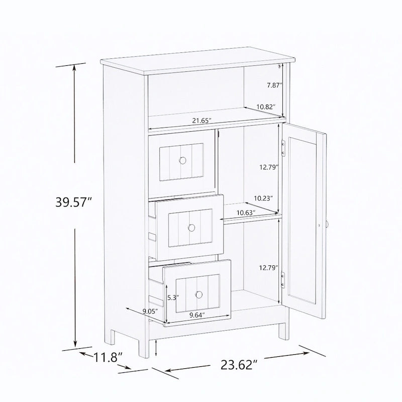 Meuble de rangement de salle de bain sur pied avec 3 tiroirs et 1 porte