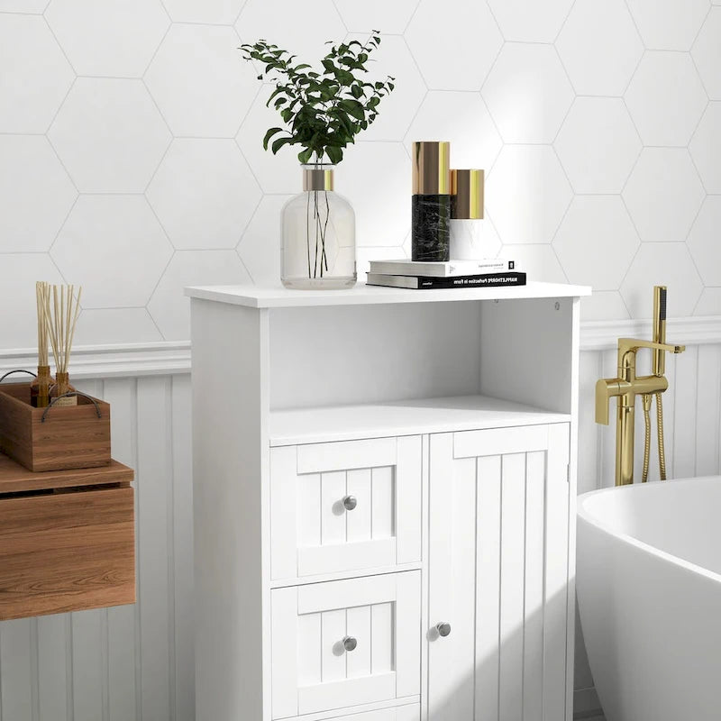 Meuble de rangement de salle de bain sur pied avec 3 tiroirs et 1 porte