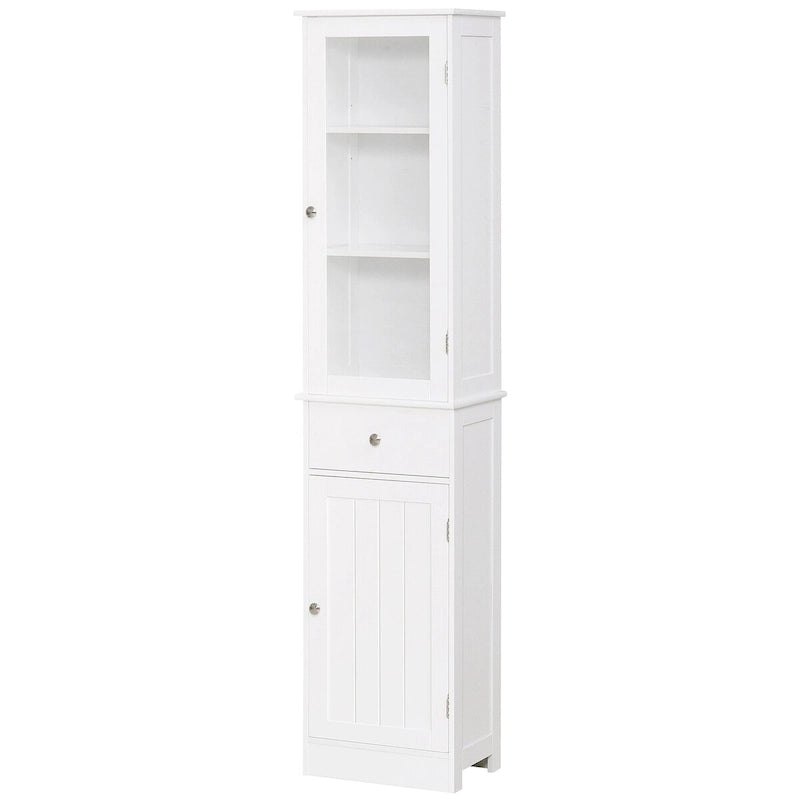 Meuble de rangement de salle de bain fin, Armoire de salle de bain haute, Tour de lin étroite avec porte en acrylique, tiroir et étagères
