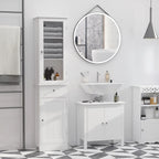 Meuble de rangement de salle de bain fin, Armoire de salle de bain haute, Tour de lin étroite avec porte en acrylique, tiroir et étagères