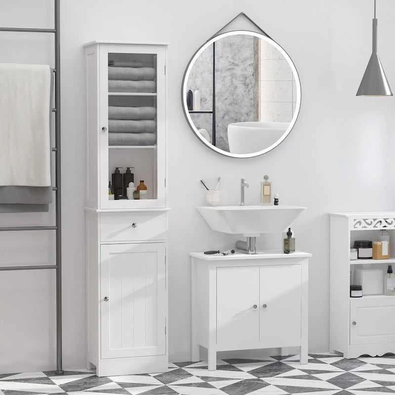 Meuble de rangement de salle de bain fin, Armoire de salle de bain haute, Tour de lin étroite avec porte en acrylique, tiroir et étagères