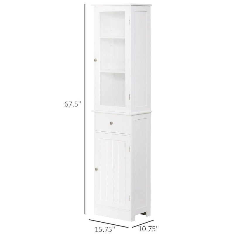 Meuble de rangement de salle de bain fin, Armoire de salle de bain haute, Tour de lin étroite avec porte en acrylique, tiroir et étagères