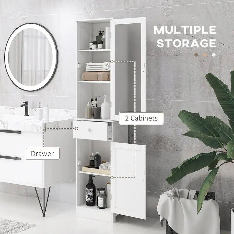 Meuble de rangement de salle de bain fin, Armoire de salle de bain haute, Tour de lin étroite avec porte en acrylique, tiroir et étagères