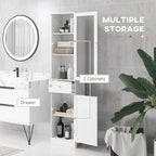 Meuble de rangement de salle de bain fin, Armoire de salle de bain haute, Tour de lin étroite avec porte en acrylique, tiroir et étagères