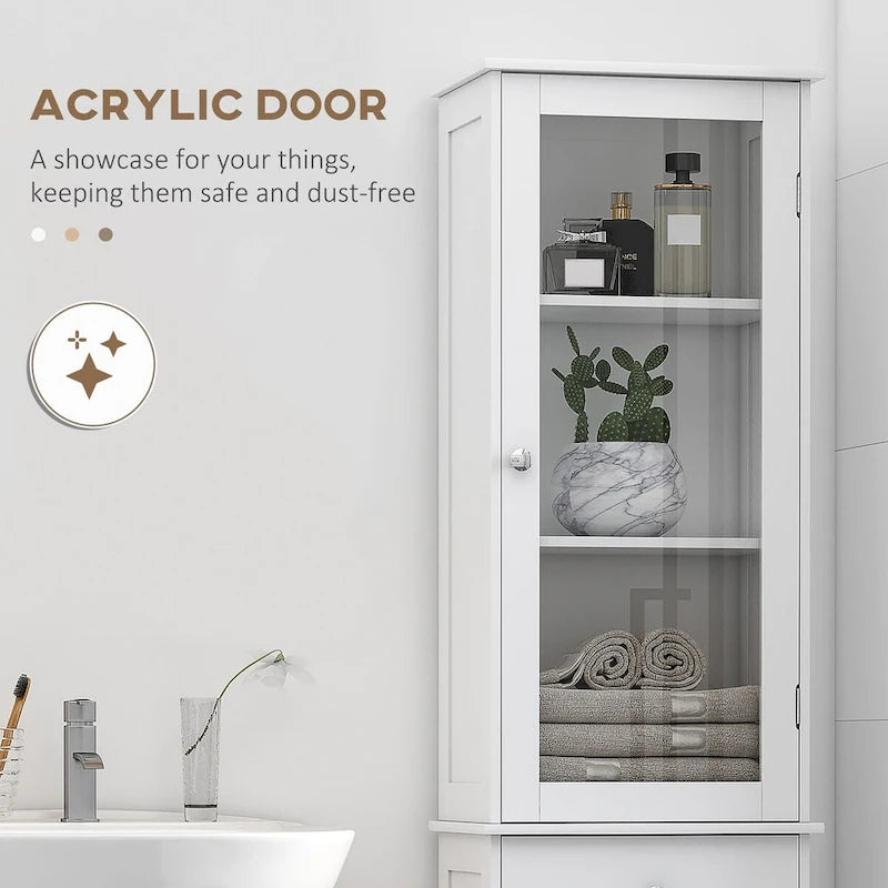 Meuble de rangement de salle de bain fin, Armoire de salle de bain haute, Tour de lin étroite avec porte en acrylique, tiroir et étagères