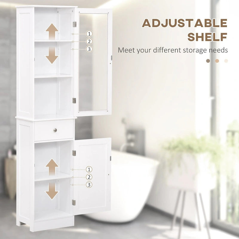 Meuble de rangement de salle de bain fin, Armoire de salle de bain haute, Tour de lin étroite avec porte en acrylique, tiroir et étagères