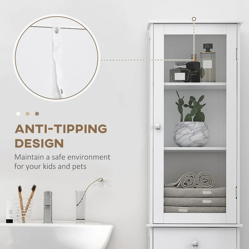 Meuble de rangement de salle de bain fin, Armoire de salle de bain haute, Tour de lin étroite avec porte en acrylique, tiroir et étagères