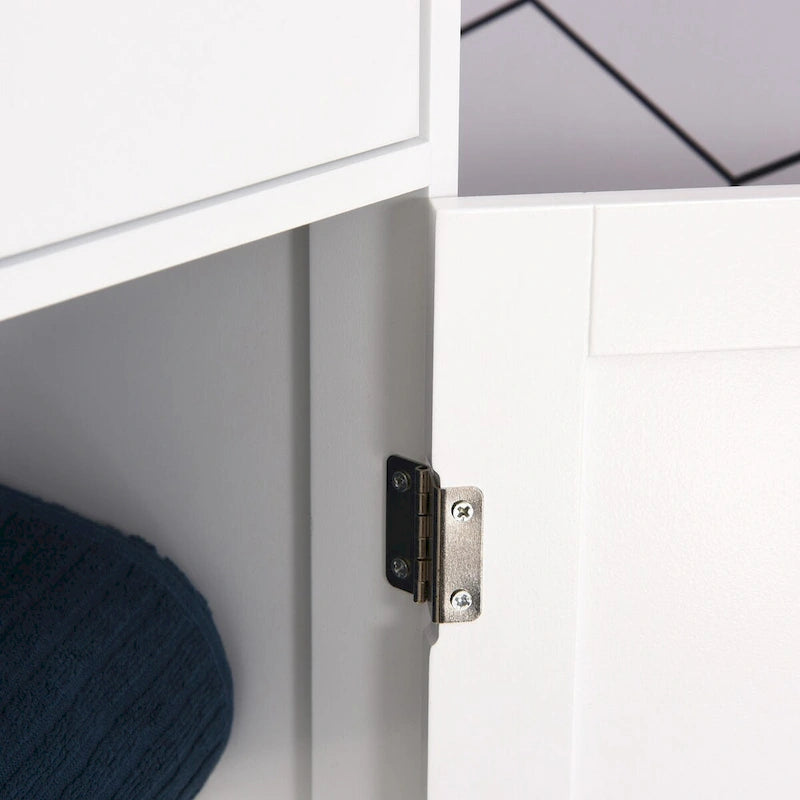 Meuble de rangement de salle de bain fin, Armoire de salle de bain haute, Tour de lin étroite avec porte en acrylique, tiroir et étagères