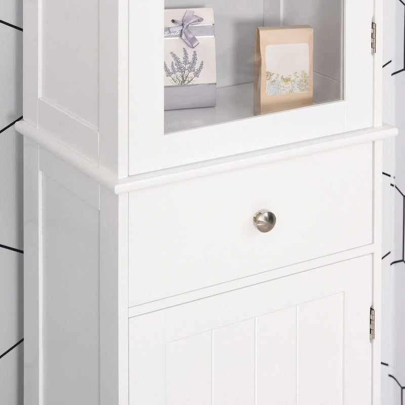 Meuble de rangement de salle de bain fin, Armoire de salle de bain haute, Tour de lin étroite avec porte en acrylique, tiroir et étagères