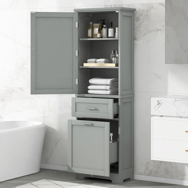 Meuble de rangement haut pour salle de bain, Armoire de rangement autonome avec deux tiroirs de tailles différentes et étagère réglable, Panneau MDF