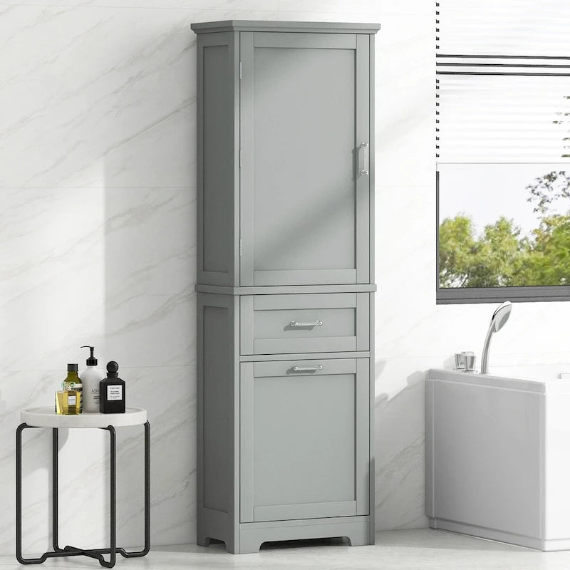 Meuble de rangement haut pour salle de bain, Armoire de rangement autonome avec deux tiroirs de tailles différentes et étagère réglable, Panneau MDF