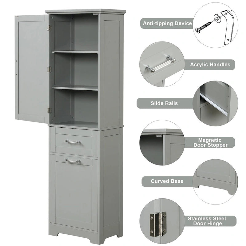 Meuble de rangement haut pour salle de bain, Armoire de rangement autonome avec deux tiroirs de tailles différentes et étagère réglable, Panneau MDF