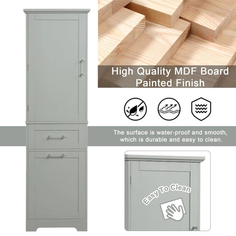 Meuble de rangement haut pour salle de bain, Armoire de rangement autonome avec deux tiroirs de tailles différentes et étagère réglable, Panneau MDF
