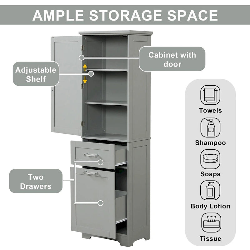 Meuble de rangement haut pour salle de bain, Armoire de rangement autonome avec deux tiroirs de tailles différentes et étagère réglable, Panneau MDF