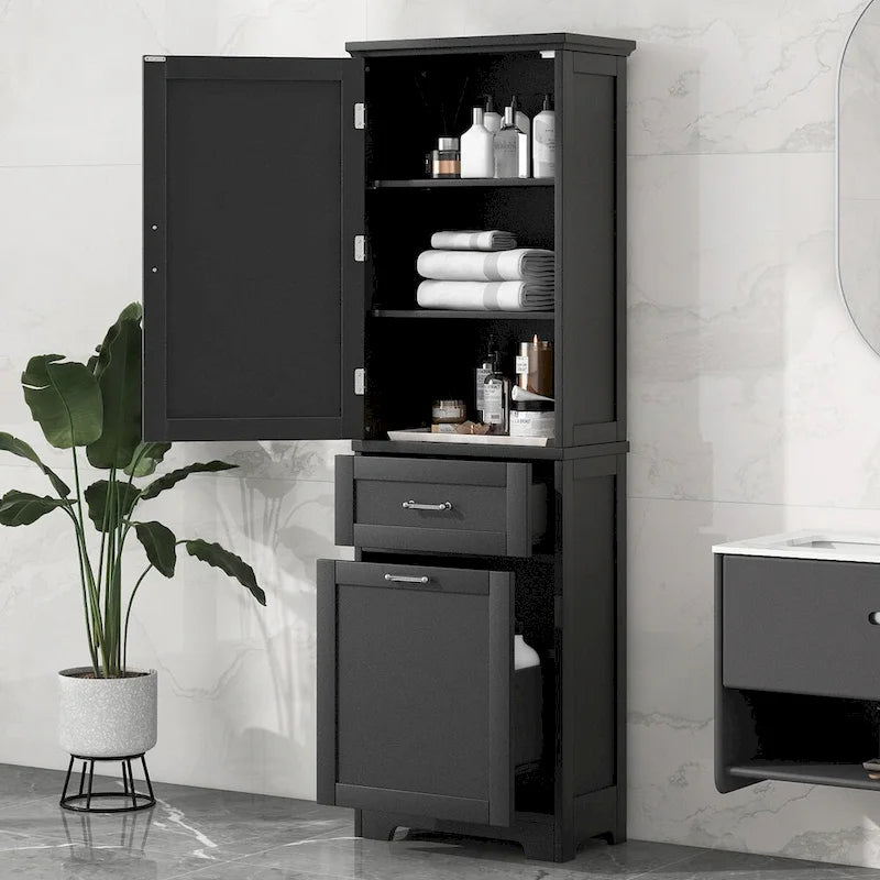Meuble de rangement haut pour salle de bain, Armoire de rangement autonome avec deux tiroirs de tailles différentes et étagère réglable, Panneau MDF