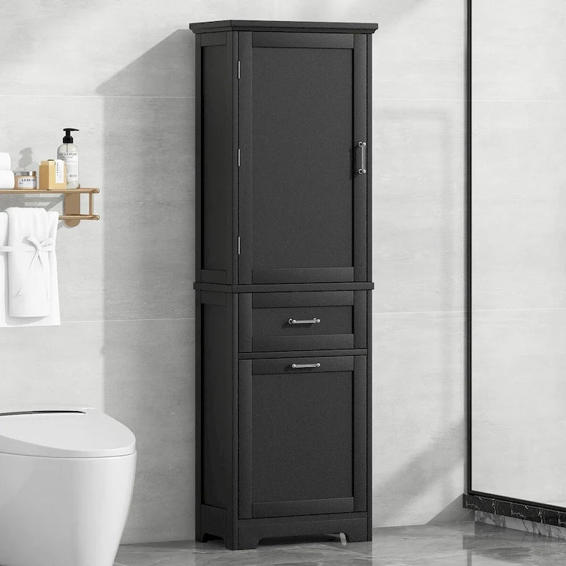 Meuble de rangement haut pour salle de bain, Armoire de rangement autonome avec deux tiroirs de tailles différentes et étagère réglable, Panneau MDF