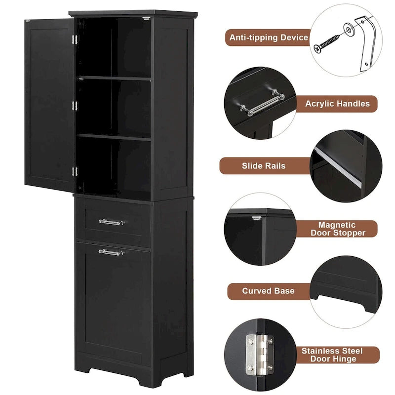 Meuble de rangement haut pour salle de bain, Armoire de rangement autonome avec deux tiroirs de tailles différentes et étagère réglable, Panneau MDF